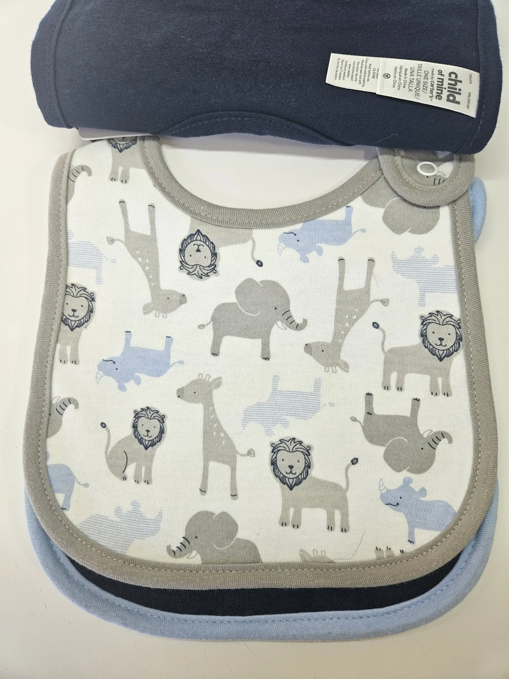 NEW Child of Mine by Carter's Blue Baby Bibs Lion Animals Grandma Themed 3 Pack